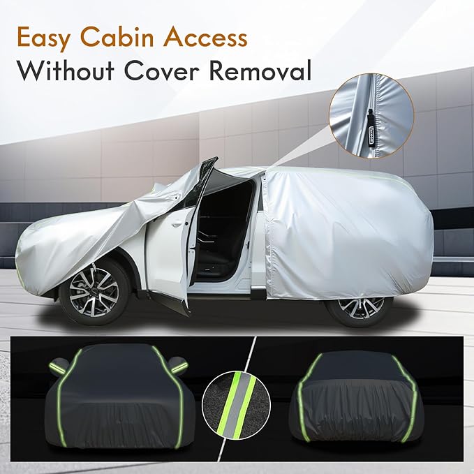 Tecoom SUV Car Cover Waterproof All Weather, Outdoor & Indoor Full Exterior Windproof UV Sun Rain Snow Hail Protection Covers with Zipper Door & Lock, Fit for SUV 206-215 Inches
