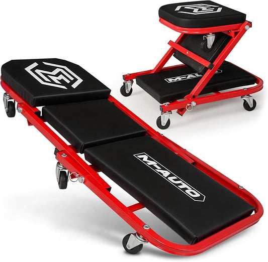 M-AUTO 40-Inch Folding Creeper Rolling Seat, All-in-One Adjustable Roller Garage Chair, Lay Down or Sit, 330LBS Capacity Under Car Roller Creeper with 6 Swivel Casters, Red