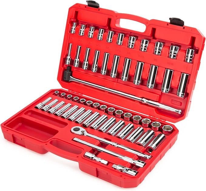 TEKTON 1/2 Inch Drive Shallow and Deep 6-Point Socket and Ratchet Set with Case, 57-Piece (3/8 - 1 in., 10 - 24 mm) | SKT25301