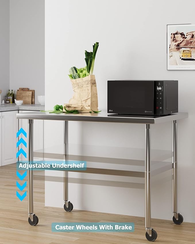DEXSO Stainless Steel Table[36" X 24"][NSF Certified] with Undershelf[Caster Wheels] Heavy Duty Metal Commercial Kitchen Table for Home, Restaurant, Hotel