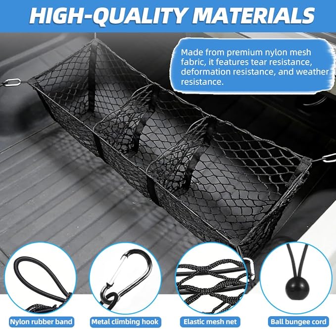3 Pocket Truck Bed Cargo Net, Universal Mesh Storage Organizer, Black Nylon, 51.1 x 11.8 Inches Stretchable to 62 Inches, Compatible with Ford Chevy GMC Dodge Toyota Pickup Trucks