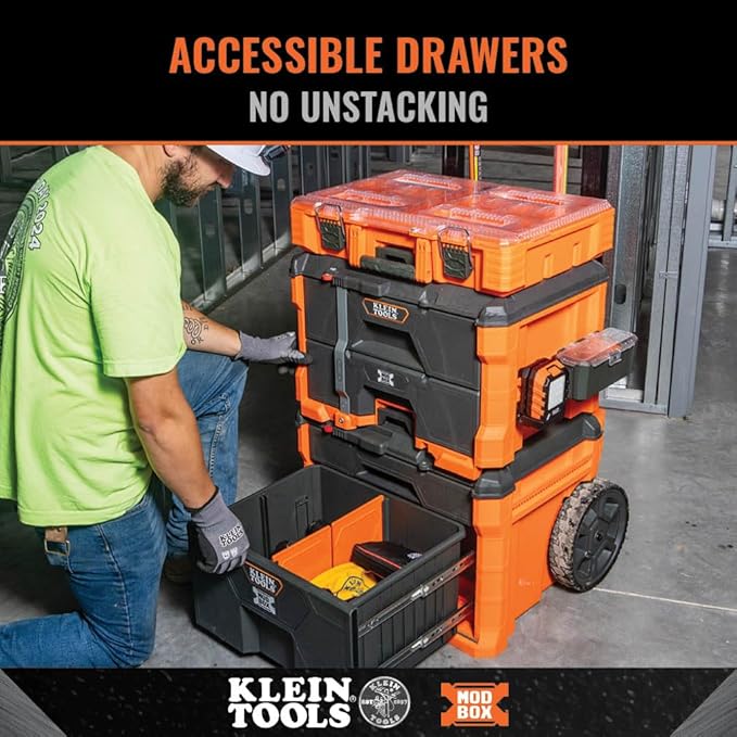 Klein Tools 54801MB MODbox Rolling Drawer Tool Box, Heavy-Duty Double Drawer Tool Organizer, Deep Stackable Set