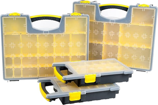 Storage Organizer Tool Box Set - Set of 4 Plastic Clear Top Parts, Craft, and Hardware Organizers with 3 Sized Compartments by Stalwart (Yellow/Black)