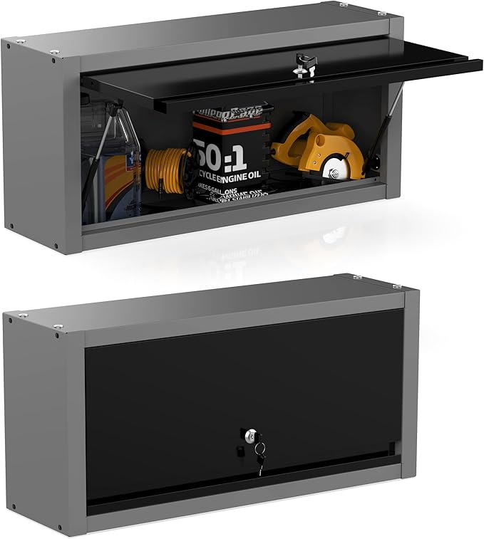 JZD Small Metal Wall Mounted Storage Garage Cabinet with Flip Up Door, Black & Grey