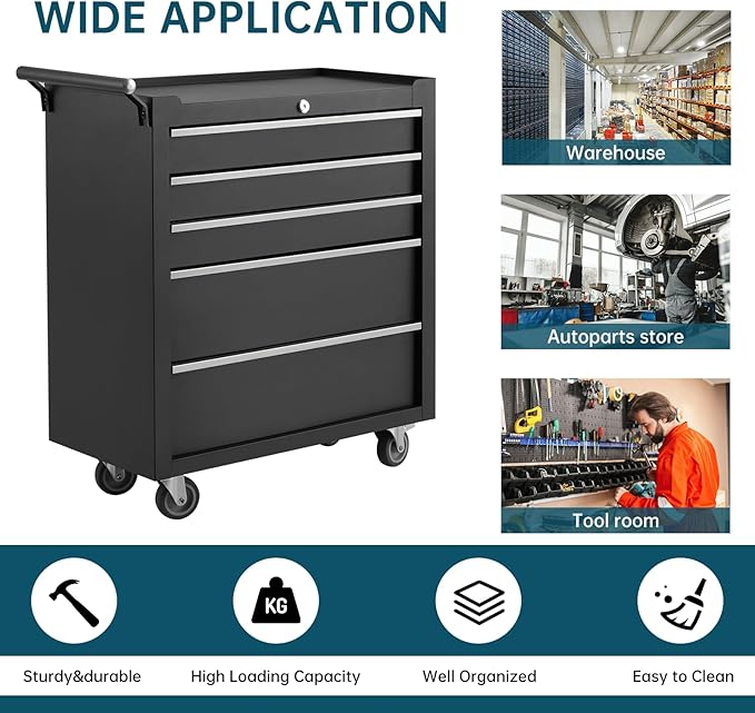 GarveeLife 5-Drawer Tool Box 24" Garage Tool Box with Key Lock and Removable Drawer Liners, Wheeled Design, Suitable for Garages, Warehouses, Workshops, and Repair Shops - Black