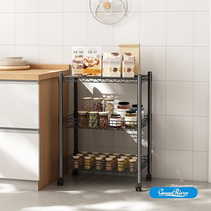 Guan River 3 Tier Rolling Cart Service Cart Wire Basket Shelf Storage Trolley Shelf 2 Bottoms for Choose(Castor or Leveling Feet) for Office,Kitchen,Black(23.23" L x 13.11" W x 32.28" H)