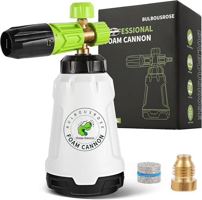 Foam Cannon for Pressure Washer (Wide Mouth), Stainless Steel Filter Thick Snow Car Wash Foam Gun, Adjustable Soap Cannon with 1/4“ Quick Connector, Additional 1.1mm Orifice Nozzle, 1L HDPE Bottle