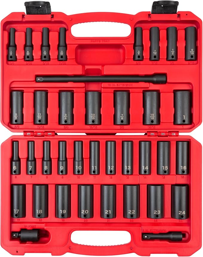 TEKTON 3/8 Inch Drive Deep 6-Point Impact Socket Set, 37-Piece (1/4-1 in., 6-24 mm) | SID91403
