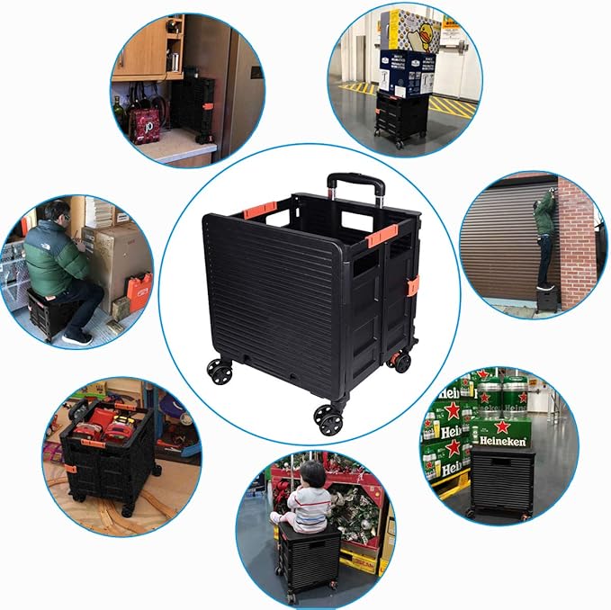 Foldable Utility Cart Folding Portable Rolling Crate Handcart Shopping Trolley Wheel Box with Lid Wear-Resistant Noiseless 360°Rotate Wheel for Travel Shopping Moving Storage Office Use (Black)
