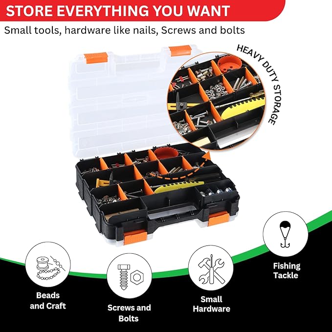 Andalus Tools Organizer Box, Small Parts Storage 34-Compartment Double-Sided Portable Hardware Organizer Removable Plastic Dividers for Screws, Nuts, Bolts, Nails – Orange (2 Pack, 12.5" x 10.5" x 3")