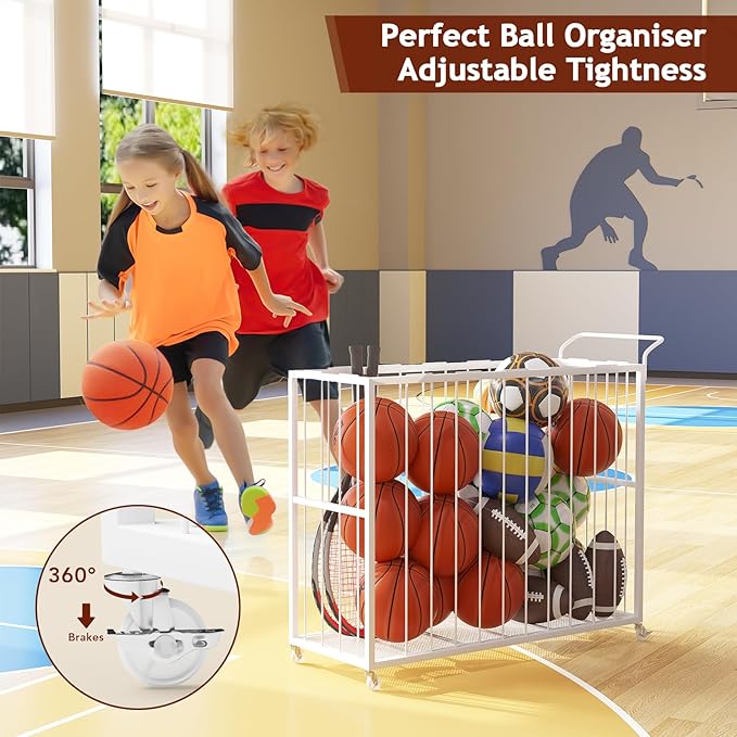 Homsorout Ball Storage Bin Rolling Sports Ball Cart, Metal Garage Organizer Sport Rack, Ball Basket Storage, Ball Cage for Garage or Gym, Indoor & Outdoor Sports Equipment Organizer