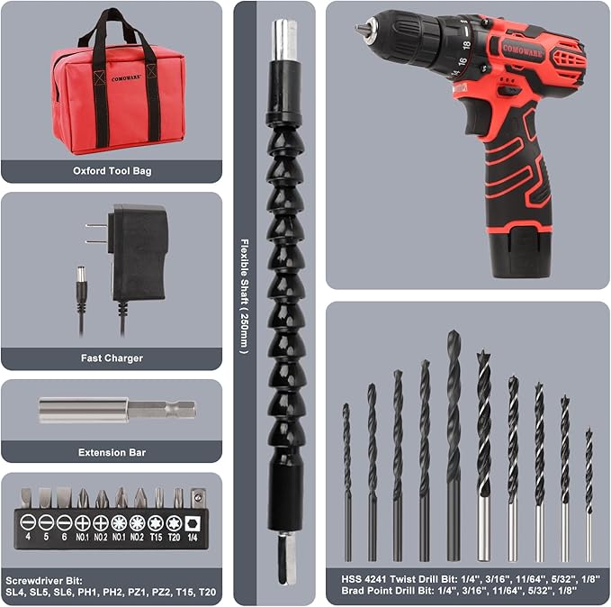 COMOWARE Cordless Drill Set, 12V Power Drill, 1 Battery, 3/8" Keyless Chuck,0-450 & 0-1500 RPM, 10pcs Screwdriver Bits, Red