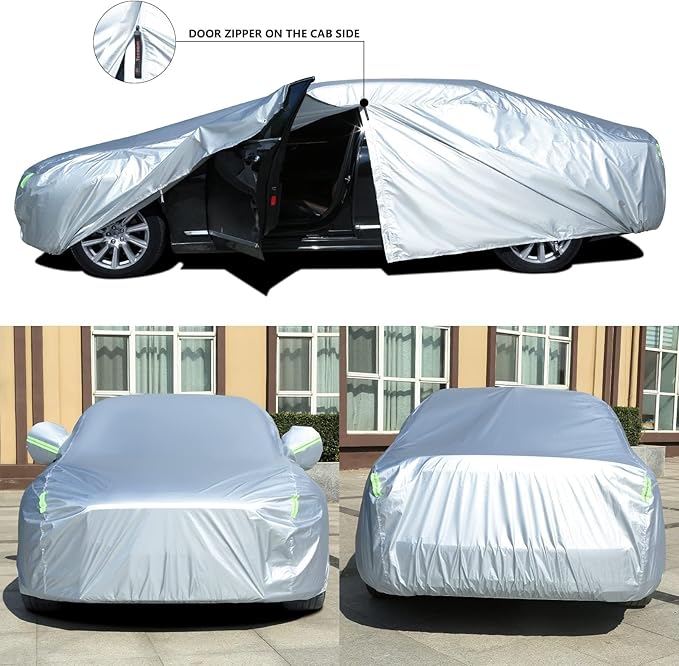 Tecoom Hard Shell Car Cover Oxford Fabric Waterproof UV-Proof Windproof with Door Zipper Design, All Weather Indoor Outdoor Fit for Sedan 201–210 Inches