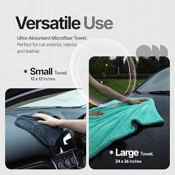 Crystal Clean 1300GSM Microfiber Towels for Cars – XL Drying Towel with Double Twisted Loop, Professional Detailing Towel Car Detailers - Quick Dry, Paint Safe & Swirl-Free (Grey+Green)
