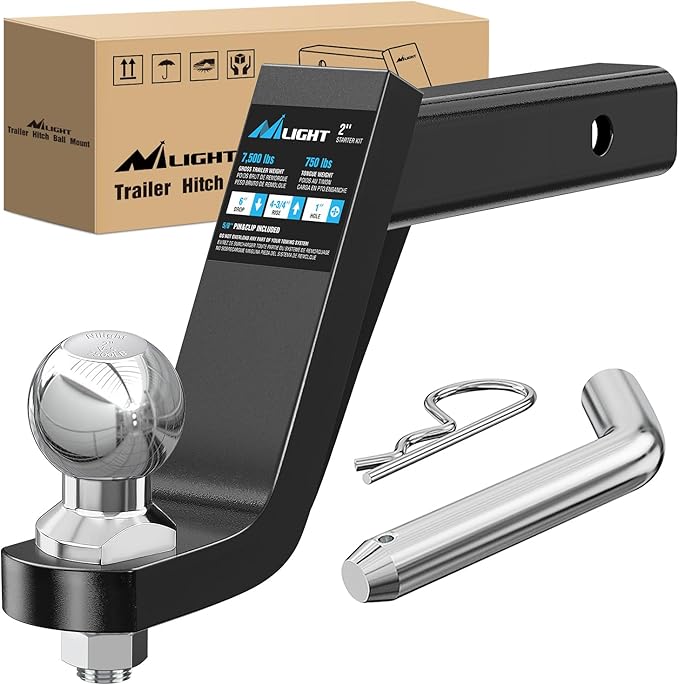 Nilight Trailer Hitch Ball Mount with 2 Inch Trailer Ball & 5/8" Hitch Pin Clip Fits 2 Inch Receiver Square 7500 lbs 6" Drop, 4-3/4” Rise, 1” Hole, Gloss Black Powder Coat