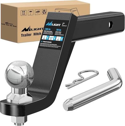 Nilight Trailer Hitch Ball Mount with 2 Inch Trailer Ball & 5/8" Hitch Pin Clip Fits 2 Inch Receiver Square 7500 lbs 6" Drop, 4-3/4” Rise, 1” Hole, Gloss Black Powder Coat