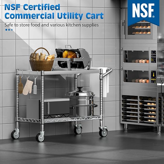 Leteuke 2 Tier Utility Tool Cart with Wheels, Heavy Duty Rolling Utility Carts with Handle, Commercial Grade Metal Serving Storage Cart for Warehouse Garage Kitchen, 25" D x 38.98" W x 40" H-Silver