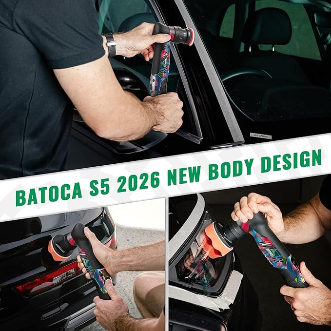 BATOCA S5 Cordless Mini Car Polisher Buffer Sander Dual Action Rotary Small Polishing Machine for Car Detailing 1inch 2inch 3inch Polishing Pad Kit with 2x 12V Battery 2000-5500RPM New Exterior Design