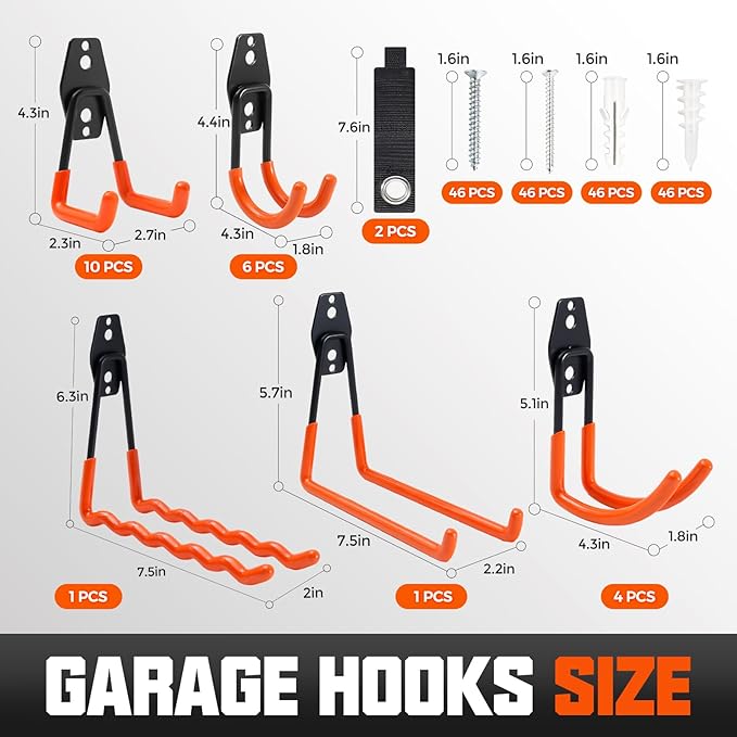 Heavy Duty Garage Hooks, 24 Pack Steel Wall Mount Storage Organizer with Anti-Slip Coating Garage Hook Set for Hanging Ladders, Bikes, Tools, Ropes, Coats