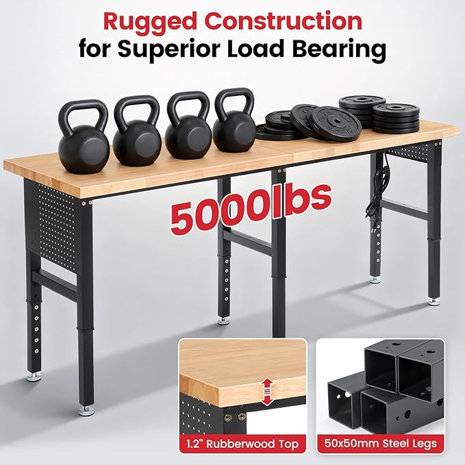 ENJOYWOOD Workbench 84 Inch Heavy Duty Rubber Wood Top Work Bench Adjustable Height Work Table 5000 Lbs Load Capacity with Power Outlets & Extended Pegboard for Garage, Home, Office