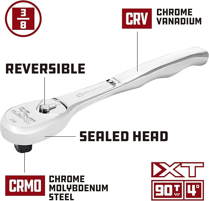 Powerbuilt 3/8" Drive XT90 90 Tooth Professional Ratchet, Seal-Head Ratchet, Full-Polish, Long Handle - 649938