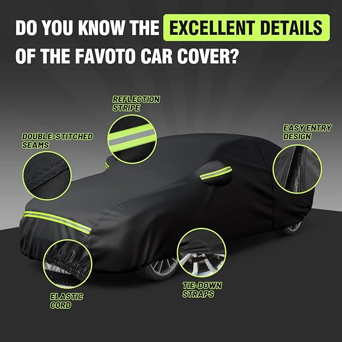 Favoto Sedan Car Cover Waterproof All Weather for Automobiles 6 Layers Heavy Duty Outdoor Snow Sun Protection Car Tarp with Door Zipper Universal Fit for Sedan Length up to 194"