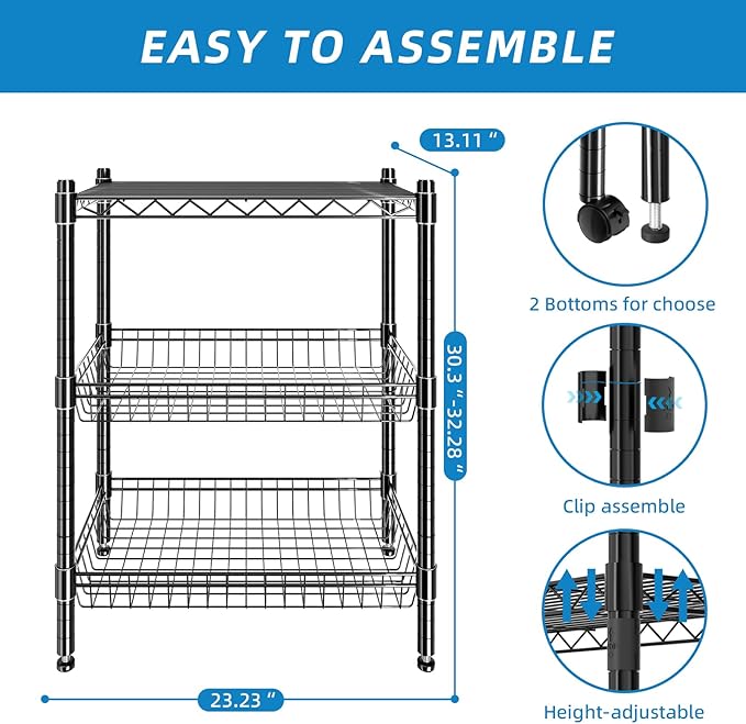 Guan River 3 Tier Rolling Cart Service Cart Wire Basket Shelf Storage Trolley Shelf 2 Bottoms for Choose(Castor or Leveling Feet) for Office,Kitchen,Black(23.23" L x 13.11" W x 32.28" H)