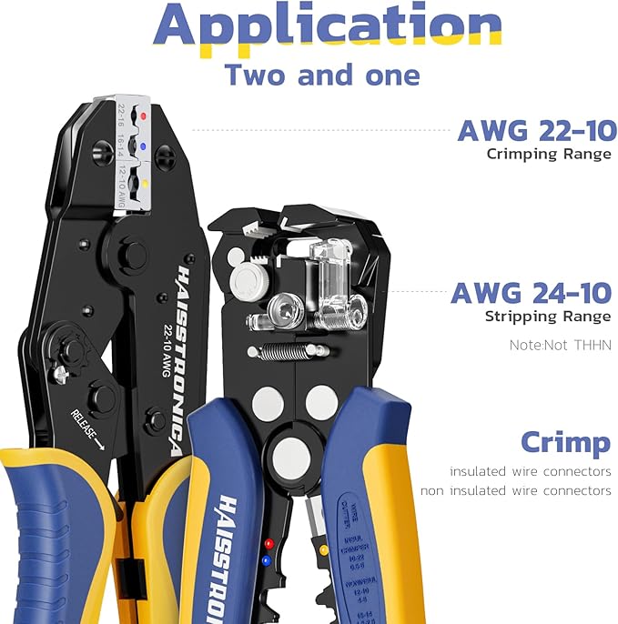 haisstronica Wire Stripper and Crimping Tool,AWG 24-10 Automatic Stripper Tool with AWG 22-10 Ratchet Wire Crimper For Insulated Wire Connectors