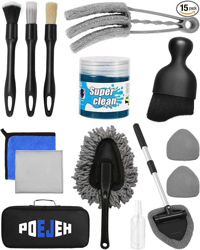 15-Piece Car Interior & Glass Cleaning Kit - 3 Graded Boar Brushes, 3-in-1 AC Vent Shutter Brush, 160g Gel, 180° Swivel Retractable Glass Brush | Auto-Focus Multi-Scenario Use