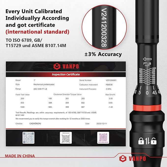VANPO Torque Wrench 1 Inch Drive 200–1000 Ft-Lb Industrial Heavy Duty Click Type for Mining, Oilfield & Structural Work – TPR+ABS Handle, ±3% Accuracy, 24-Tooth Ratchet, 48" Long Handle with Case