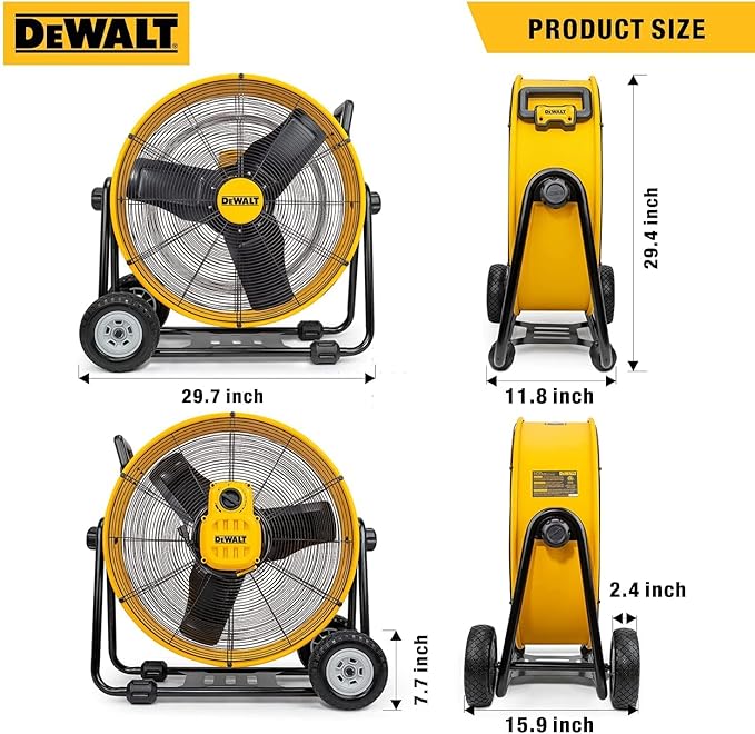 DEWALT Drum Fan High-Velocity Industrial, Drum, Floor, Barn, Warehouse Fan, Heavy Duty Air Mover with Adjustable Tilt & Large Wheel, 24", Yellow DXF2490