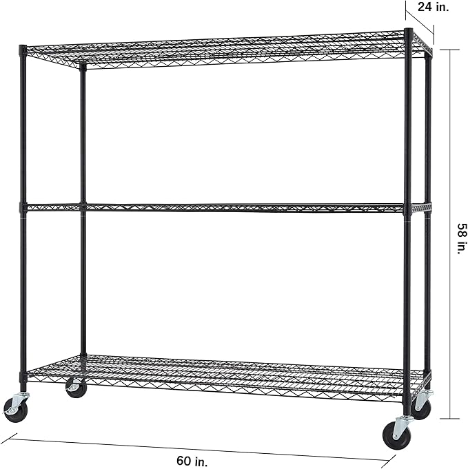 Trinity Basics 3-Tier Adjustable Wire Shelving with Wheels for Kitchen Organization, Garage Storage, Laundry Room, NSF Certified, 600 to 1350 Pound Capacity, 60” by 24” by 54”, Black