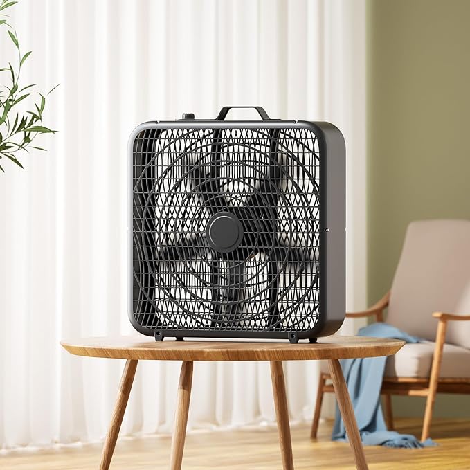 Simple Deluxe 20” Box Fan, 3-Speed Cooling Floor Fan with Aerodynamic Shaped Fan Blades, Convenient Carry Handle and Safety Grills, Black