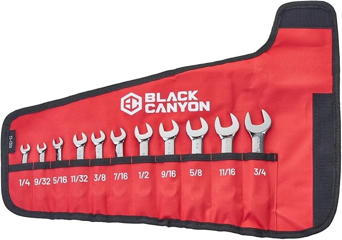 BLACK CANYON 11-Piece SAE Stubby Combination Wrench Sets with Storage Pouch - Cr-V Steel Chrome Finish for Tight Spaces