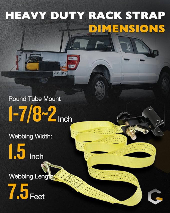 Ladder Rack Straps, W/J-Hook (2PCS), 2" Black Round Tube Mount, 1.5" Wide x 7.5' Long, Yellow Ladder Rack Ratchet Straps, 500 lbs Load Heavy Duty, Truck/Lumber Rack Strap, Pipe/Roof Rack Straps