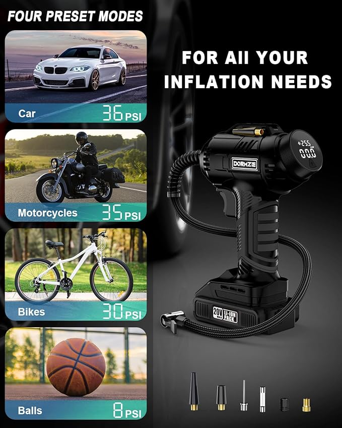 Tire Inflator Portable Air Compressor, 150 PSI Handheld Air Pump for Car Tires with 20V Rechargeable Battery, 12V Car Power Adapter, Digital Display, Ball, Motorcycle, Bike Pump