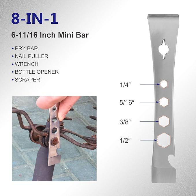 2-Piece Stainless Steel Pry Bar Scraper Set - 9-1/2" Flat Pry Bar and 6-11/16" Mini Crowbar with Socket Wrench, Bottle Opener, Molding, Nail Puller, Scraper and Baseboard Removal Tool
