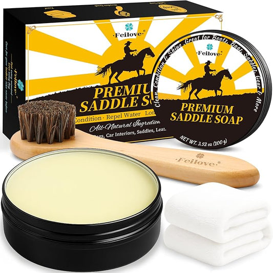 Saddle Soap for Leather – All-Natural 3-in-1 Leather Cleaner & Conditioner Kit with Horsehair Brush & Cloth – For Boots, Bags, Saddles, Car Interiors, Shoes 3.52oz