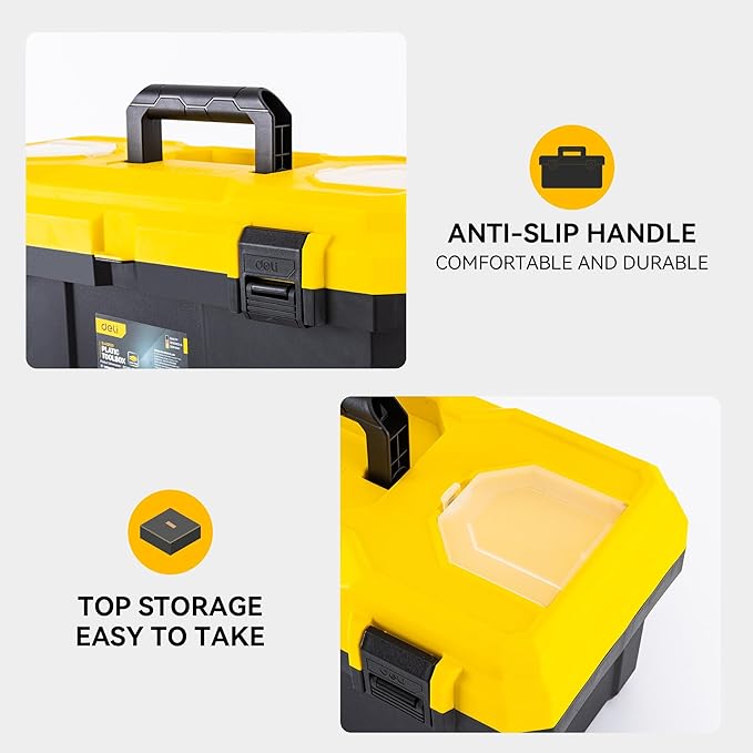 14 Inch Tool Box with Lock, 2-Layer Heavy-Duty Organizer with Removable Tray, Liftable Lid for Small Parts, 16lb Capacity & Carry Handle for Tools, Camping, Medical Supply Storage