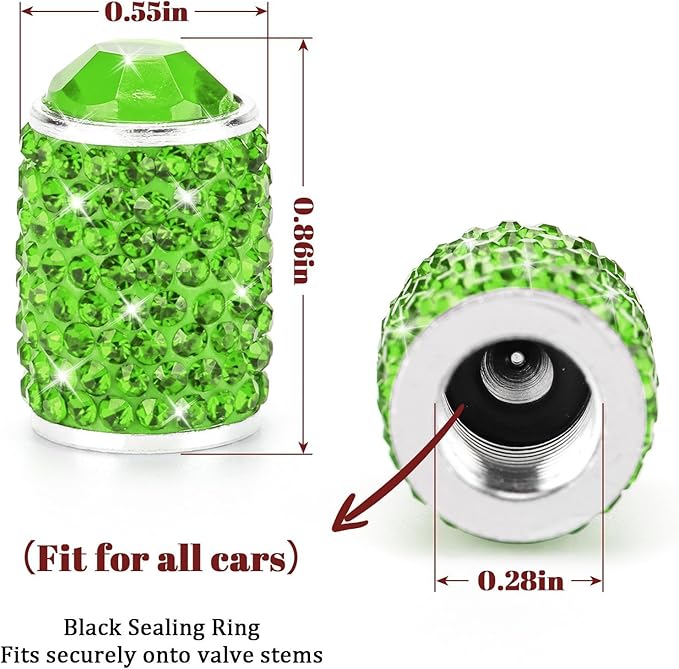 ToBeQueen Bling Green Valve Caps, 4 Pack Handmade Crystal Diamond Rhinestone Tire Valve Caps Universal Dustprood Bling Car Accessories for Women(Grass Green)
