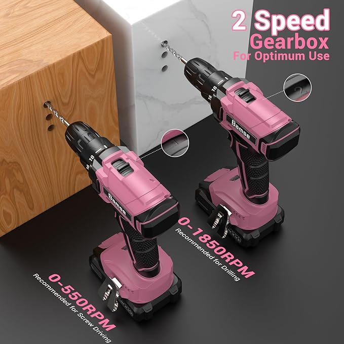 Pink Cordless Drill Set, 21V Electric Power Drill for Women with 2.0Ah Battery Charger, 3/8”Keyless Chuck, 2 Variable Speed, 18+1 Torque, 20pcs Driver Bits and Belt Hook for DIY Projects