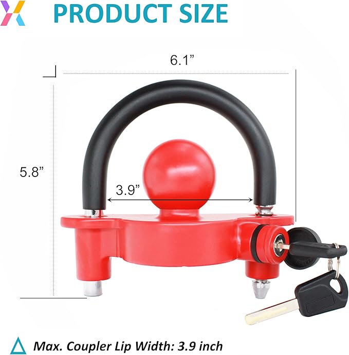 X-Haibei Trailer Locks Ball Hitch with Keys fit 1-7/8"", 2" and 2-5/16" Couplers, Universal Adjustable Trailer Coupler Lock Heavy Duty Aluminum Body, Copper Lock Cylinder for Boat Camper RV Red