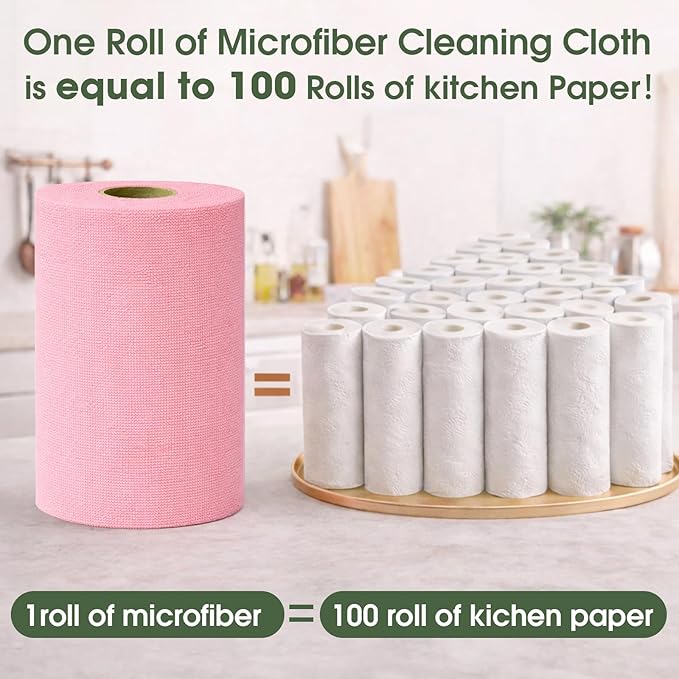 Microfiber Cleaning Cloth Roll - 100 Pack Tear Away Microfiber Paper Towels, Reusable, Washable, Scratch-Free, Kitchen Towels for Car, Home, Kitchen, Glass, Dishes(Pink)