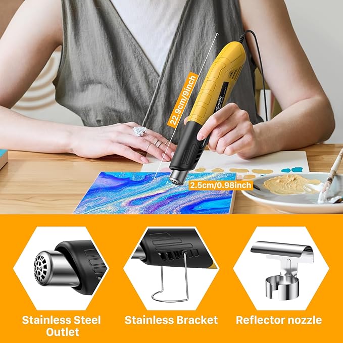 Mini Heat Gun 380W Fast Heat Hot Air Gun 2-Temp Settings 480°F-850°F(249°C-455°C) With Overheat Protection Reflector Nozzle, 4.9Ft Cable for Shrink Wrap, Vinyl, Crafts, Epoxy Resin (Yellow)