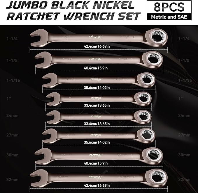 DISEN 8pcs Large Wrench Set Nickel Plating Jumbo Ratcheting Wrench Set Metric & SAE Combination Wrench Set with Rolling Pouch 24,27,30,32mm & 1'',1-1/16'',1-1/8'',1-1/4'' CR-V Steel Father's Gift