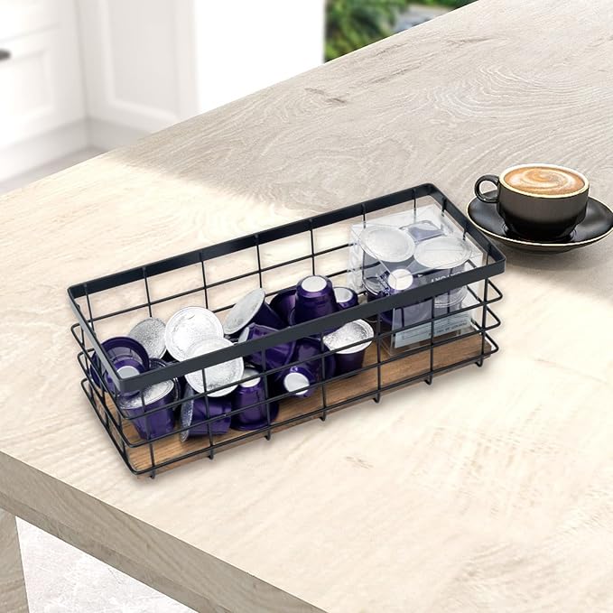 TIEYIPIN Farmhouse Small Metal Wire Storage Basket Bin, Rustic Home Storage Organizer with Wooden Bottom for Kitchen, Cabinets, Bathroom Counter, Pantry, Garage, Laundry Room - Black