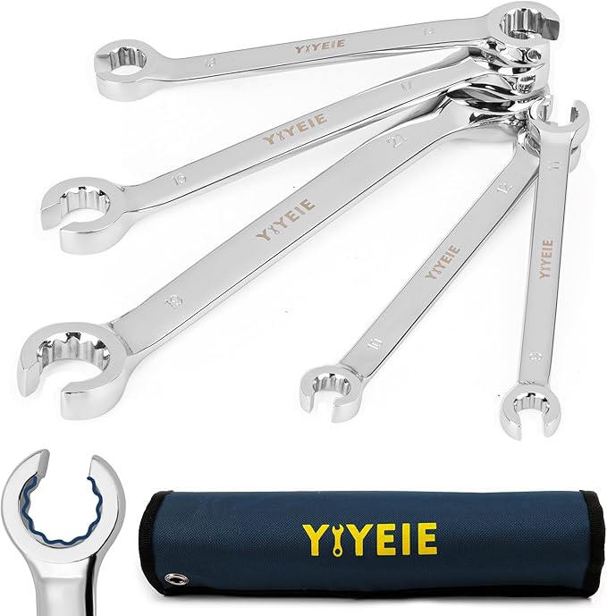 Flare Nut Wrench Set, Metric 5-Piece, Brake Line Wrench Set 9, 10, 11, 12, 13, 14, 15, 17, 19, 21 mm, CR-V Steel, with Roll-up Pouch