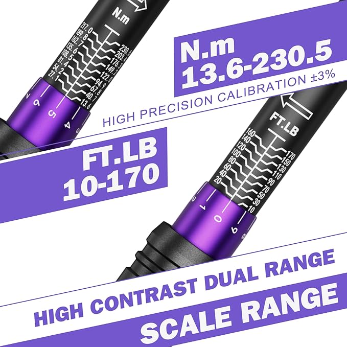 1/2 Inch Drive Click Torque Wrench,10-170 Ft-Lb/13.6-230.5 Nm, Dual-direction Adjustable Torque Wrench with Dual Range Scales, 72 Tooth, ±3% High Precision for Moto, Car Maintenance