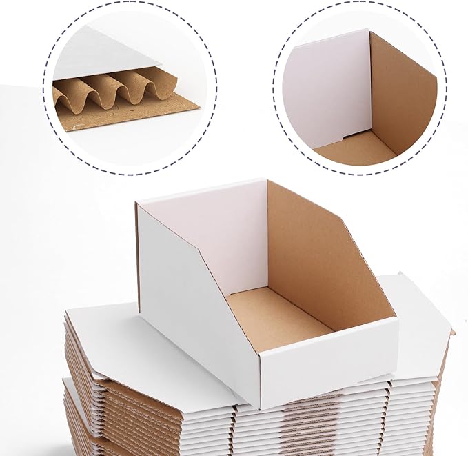 EXYGLO Cardboard Storage Bins 35 Pack, 9.4x4x4.5 Inch Cardboard Boxes, Corrugated Organizer Bins for Pantry, Shelves, Garage, Office, Shop, White