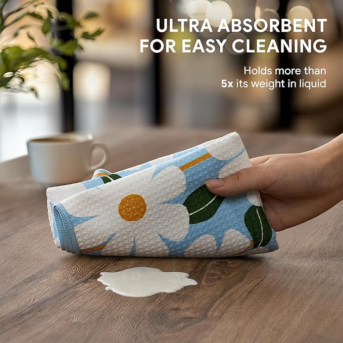 RECYCO Waffle Kitchen Towel Set of 2 - Quick Dry Microfiber Sustainable Dish Towels - Ultra Absorbent Reusable Cleaning Tea Towels - Lightweight Hand Towels,16”x 28”, Daisy Dreams